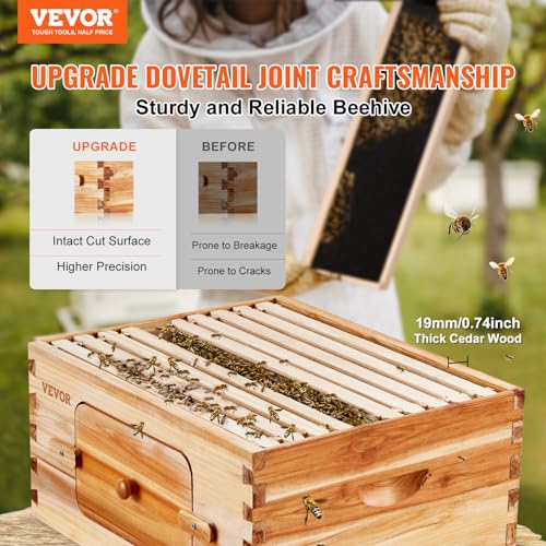 VEVOR Bee Hive 10 Frame Bee Hives Starter Kit, Beeswax Coated Cedar Wood + Acrylic Windows