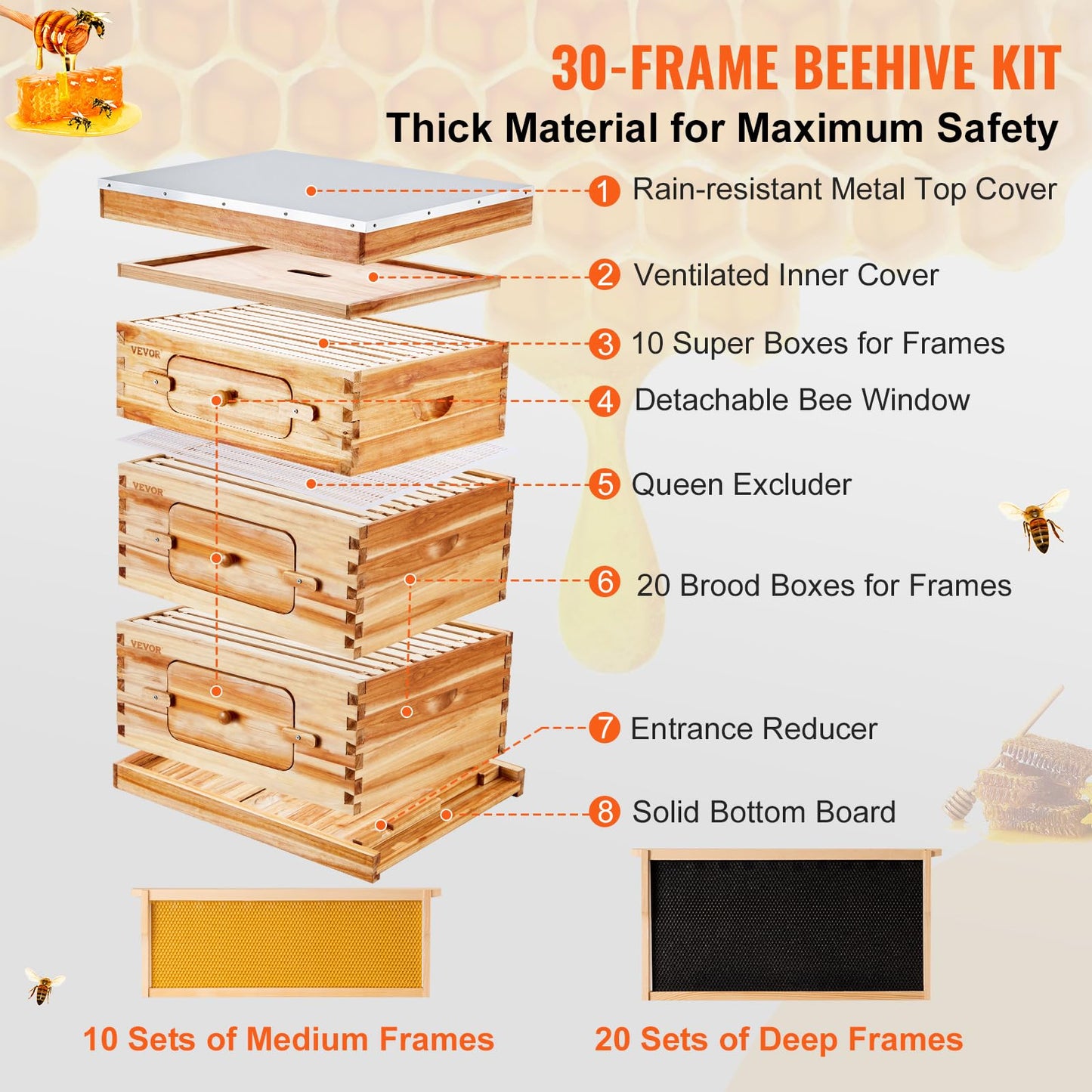 VEVOR Bee Hive 10 Frame Bee Hives Starter Kit, Beeswax Coated Cedar Wood + Acrylic Windows