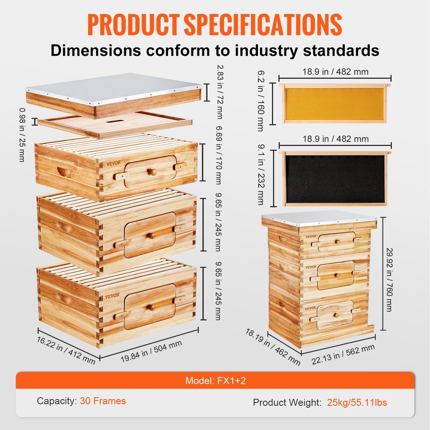 VEVOR Bee Hive 10 Frame Bee Hives Starter Kit, Beeswax Coated Cedar Wood + Acrylic Windows