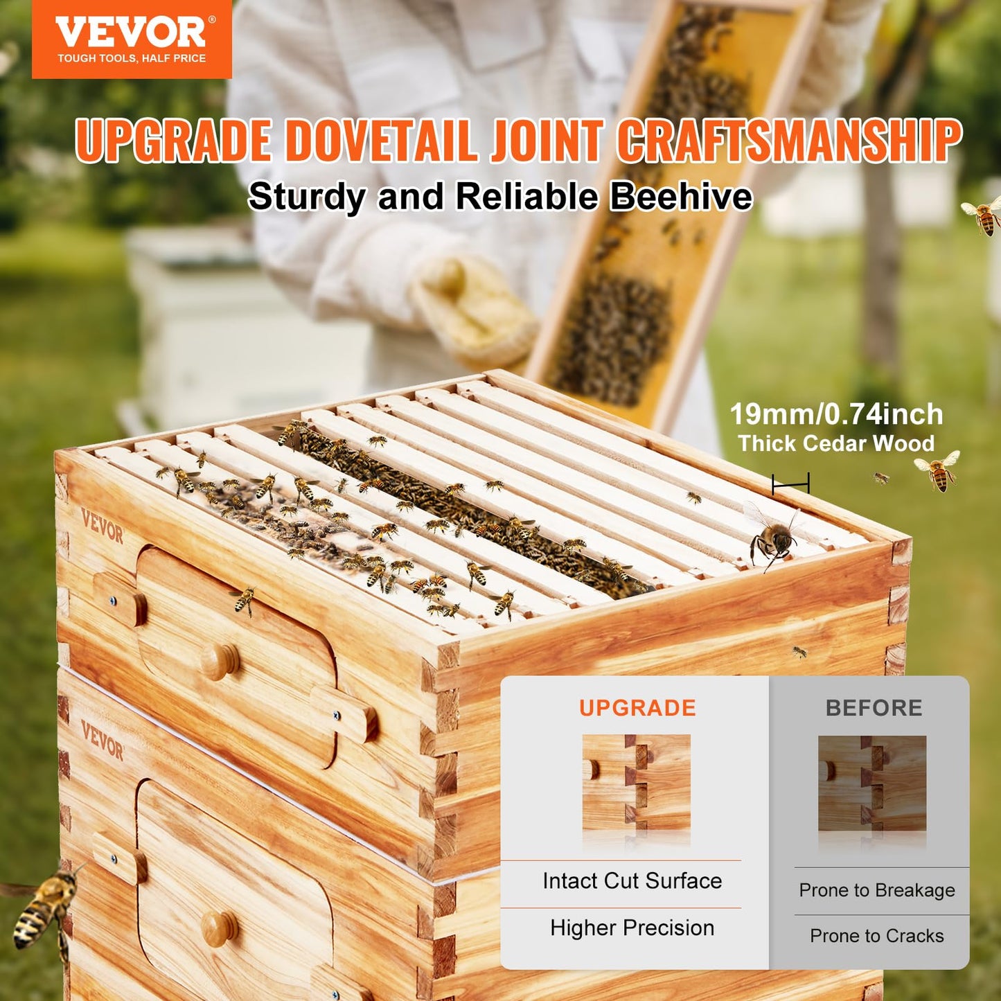 VEVOR Bee Hive 10 Frame Bee Hives Starter Kit, Beeswax Coated Cedar Wood + Acrylic Windows